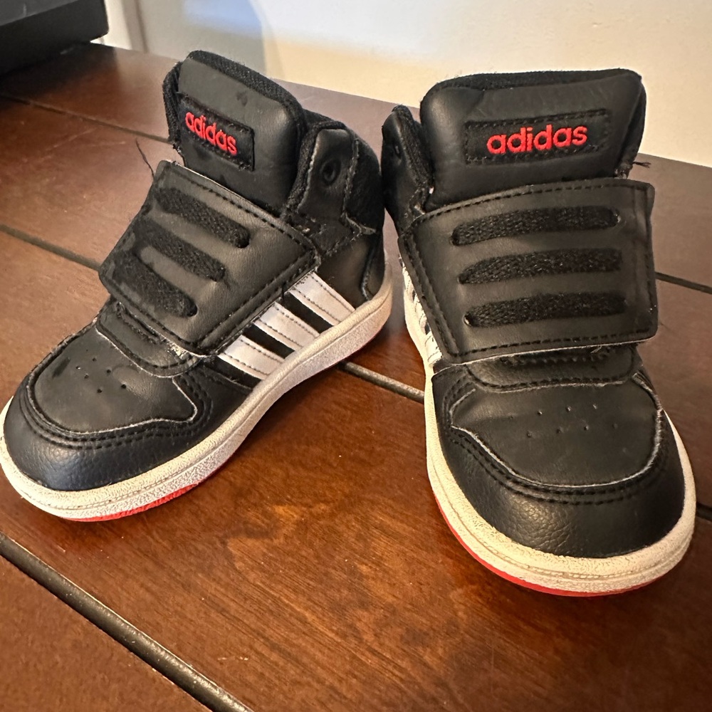 Adidas Kids Black Sneakers with Red and White Accents